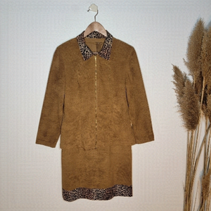 VINTAGE Daniel Laurent dress, matching zip-up blazer. Tan suede/leopard print